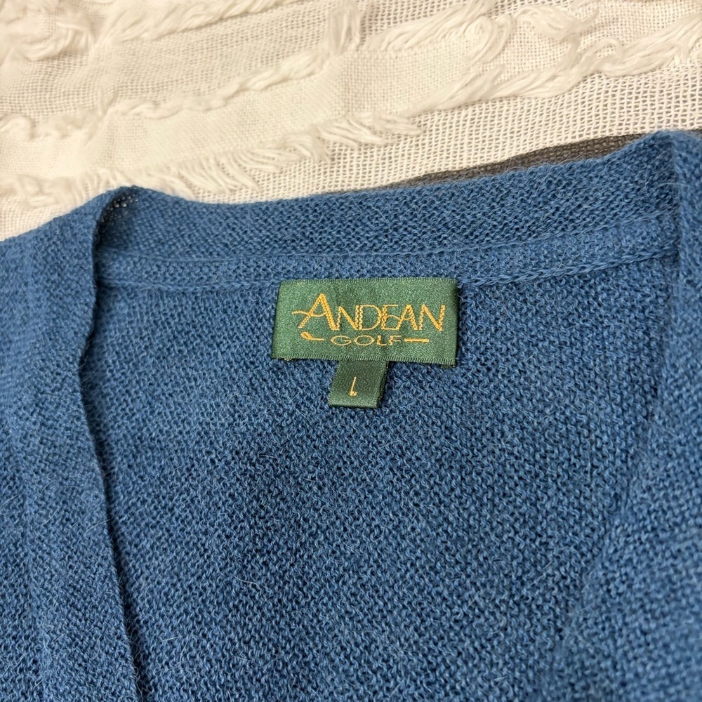 Andean Sweater Mens L Blue 100% Alpaca V Neck Knit Peru Grandpacore Golf Luxury - Picture 3 of 10